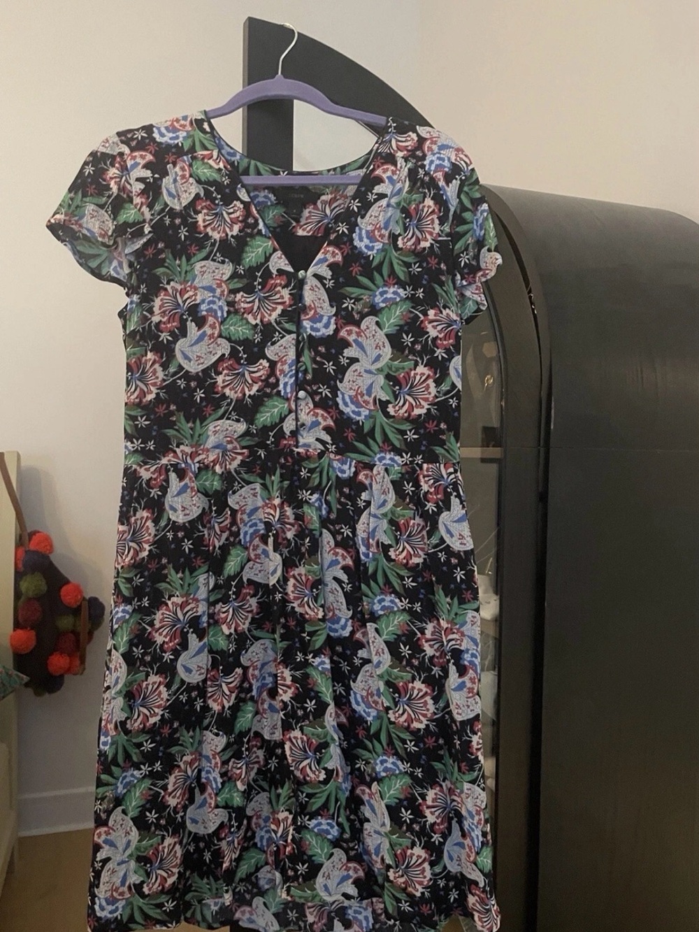 J. Crew Black Floral Short Sleeve Button-Front Casual Dress